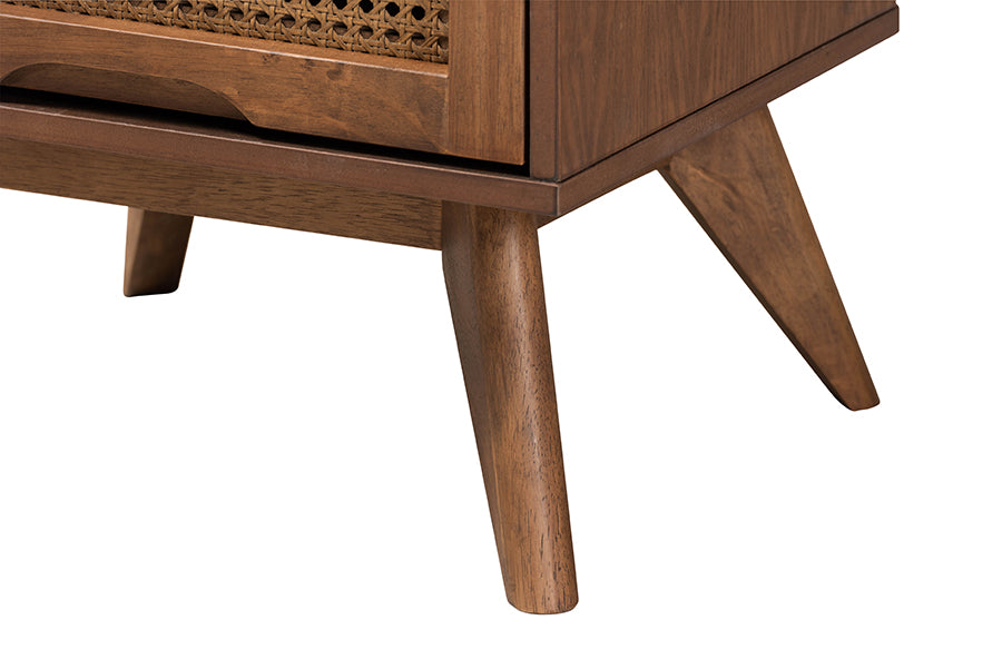Goodwin King Walnut Rattan Bedroom Set – Mid-Century Modern Platform Bed with Nightstands
