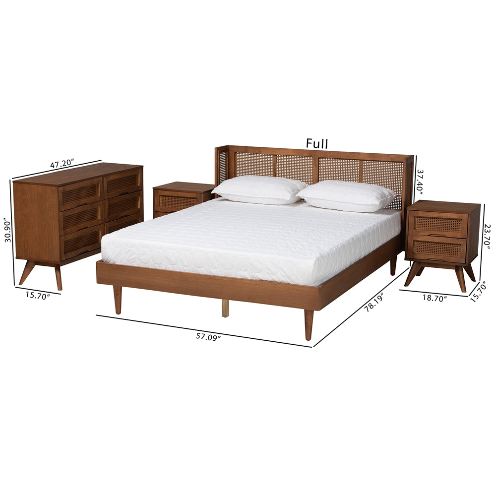 Rina Mid-Century Modern Ash Walnut Finished Wood 4-Piece Full Size Bedroom Set With Synthetic Rattan