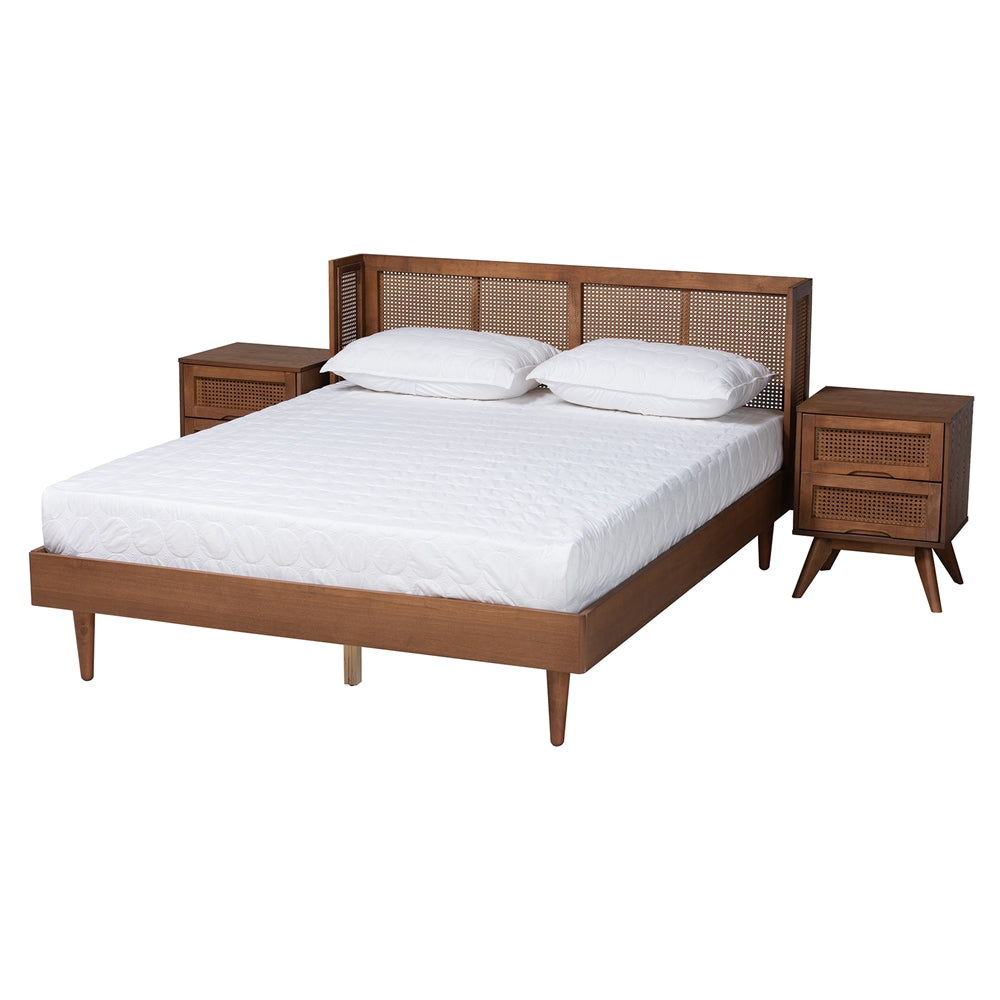 Rina Mid-Century Modern Ash Walnut Finished Wood 3-Piece Queen Size Bedroom Set With Synthetic Rattan