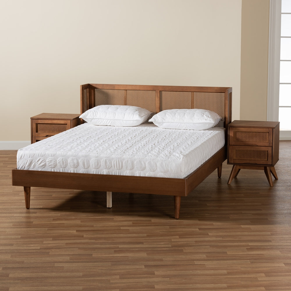 Rina Mid-Century Modern Ash Walnut Finished Wood 3-Piece Queen Size Bedroom Set With Synthetic Rattan