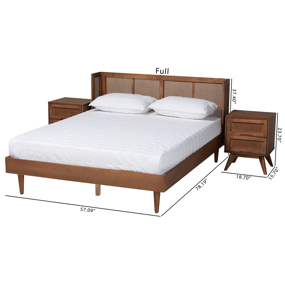 Rina Mid-Century Modern Ash Walnut Finished Wood 3-Piece Full Size Bedroom Set With Synthetic Rattan