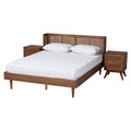 Rina Mid-Century Modern Ash Walnut Finished Wood 3-Piece Full Size Bedroom Set With Synthetic Rattan