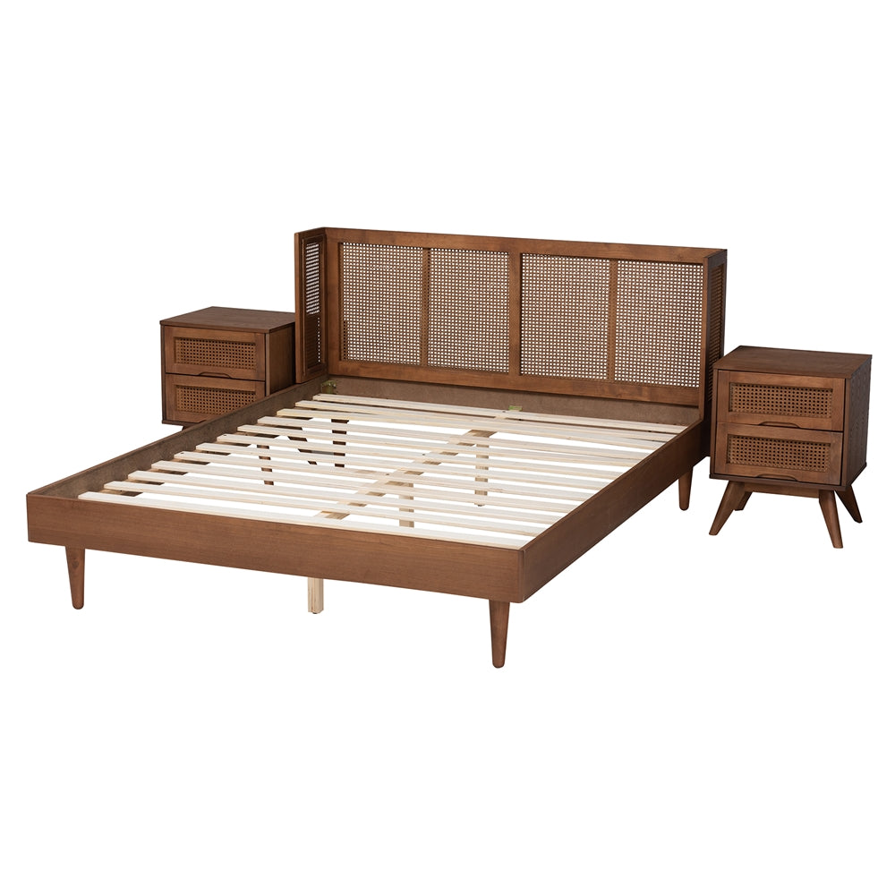 Rina Mid-Century Modern Ash Walnut Finished Wood 3-Piece Queen Size Bedroom Set With Synthetic Rattan