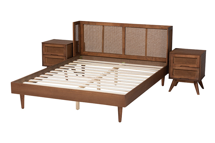 Rina Mid-Century Modern Ash Walnut Finished Wood 3-Piece Full Size Bedroom Set With Synthetic Rattan