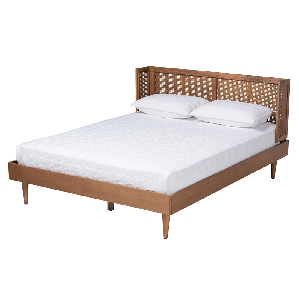 Rina Mid-Century Modern Ash Walnut Finished Wood 3-Piece Queen Size Bedroom Set With Synthetic Rattan