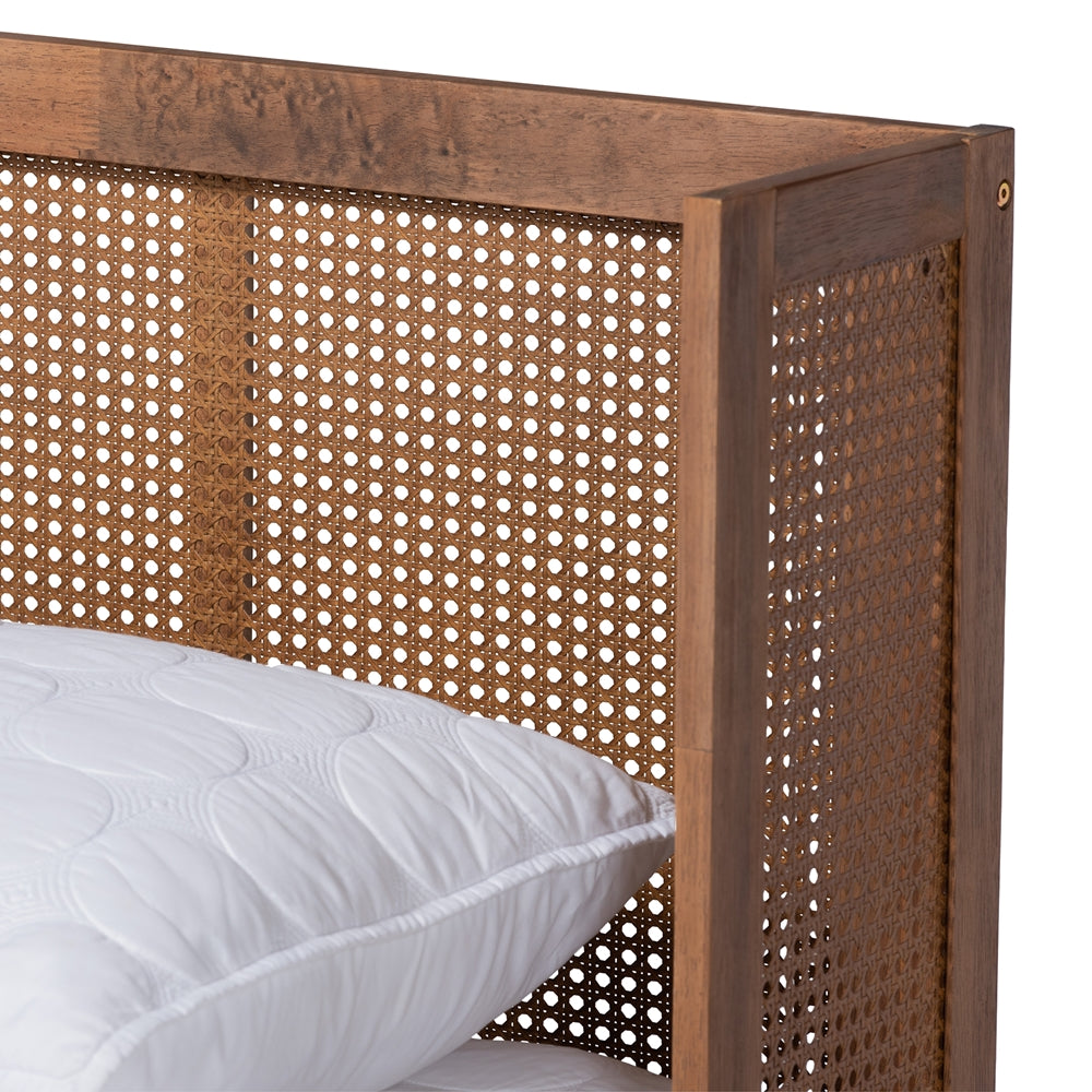 Rina Mid-Century Modern Ash Walnut Finished Wood 3-Piece Full Size Bedroom Set With Synthetic Rattan