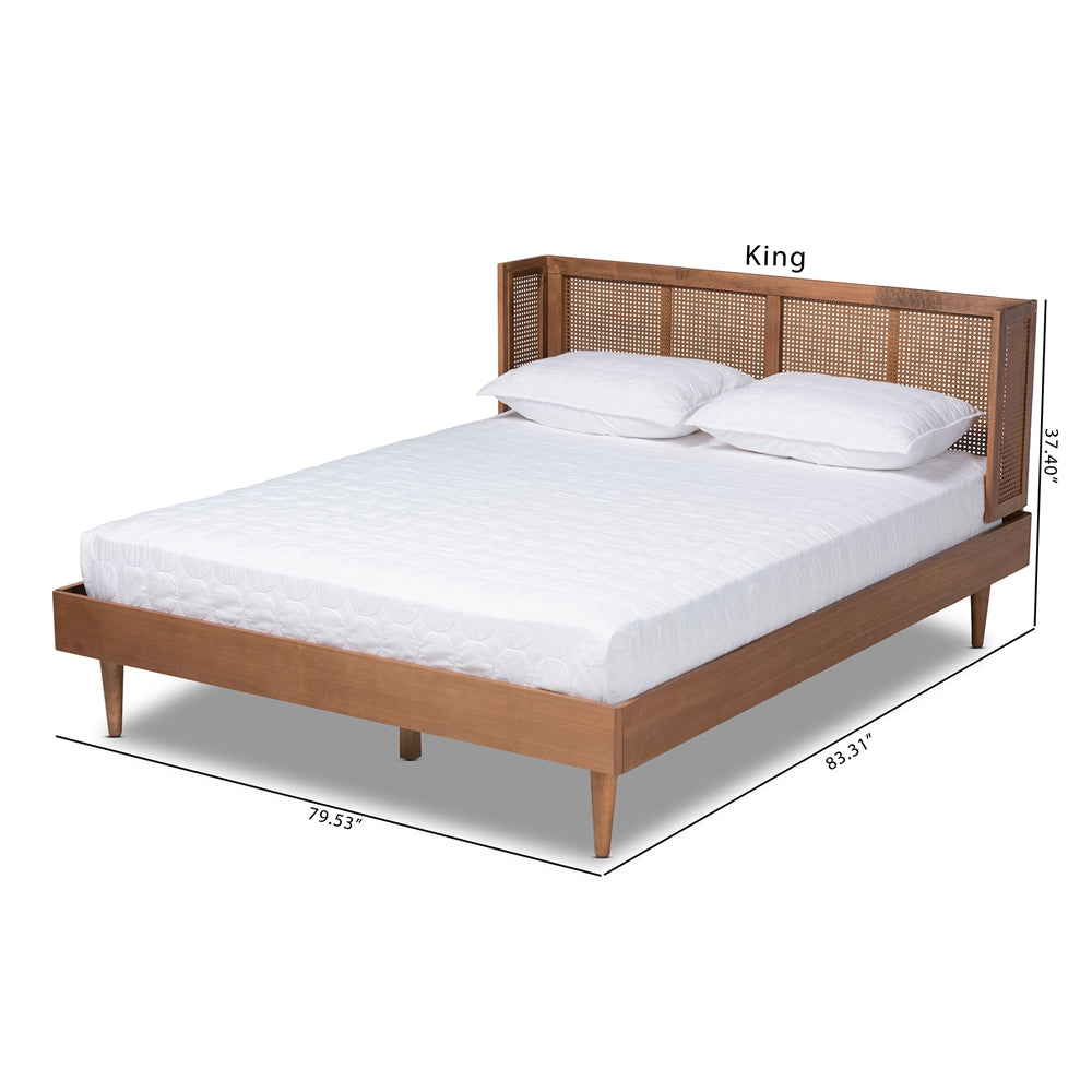 Rina Mid-Century Ash Walnut Wood and Synthetic Rattan King Size Platform Bed