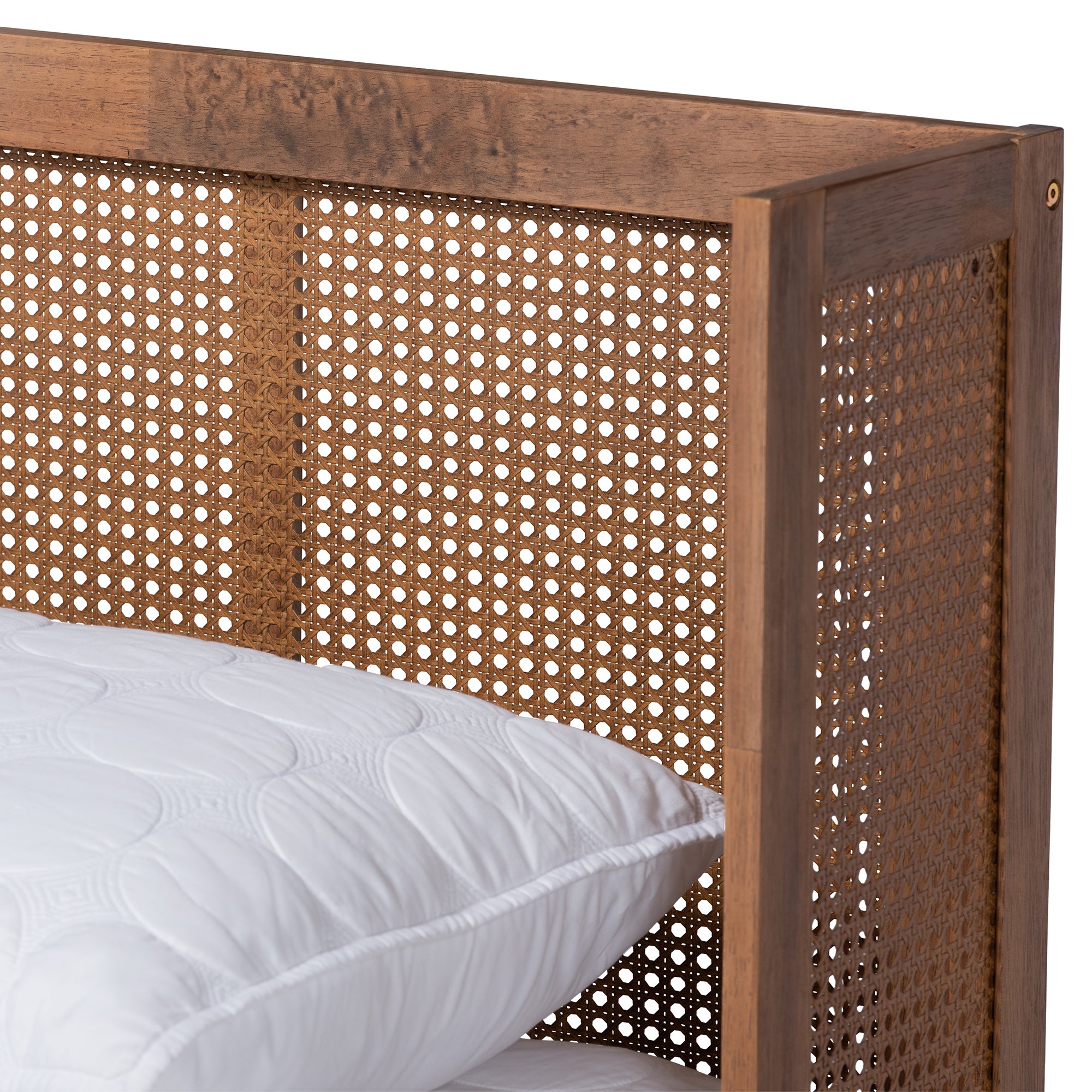 Rina Mid-Century Ash Walnut Wood and Synthetic Rattan Queen Size Platform Bed