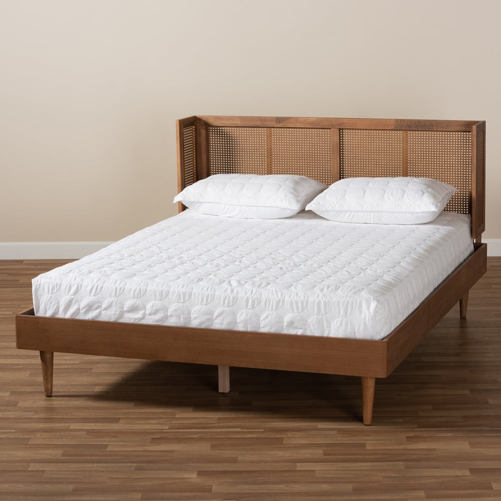 Rina Mid-Century Ash Walnut Wood and Synthetic Rattan King Size Platform Bed