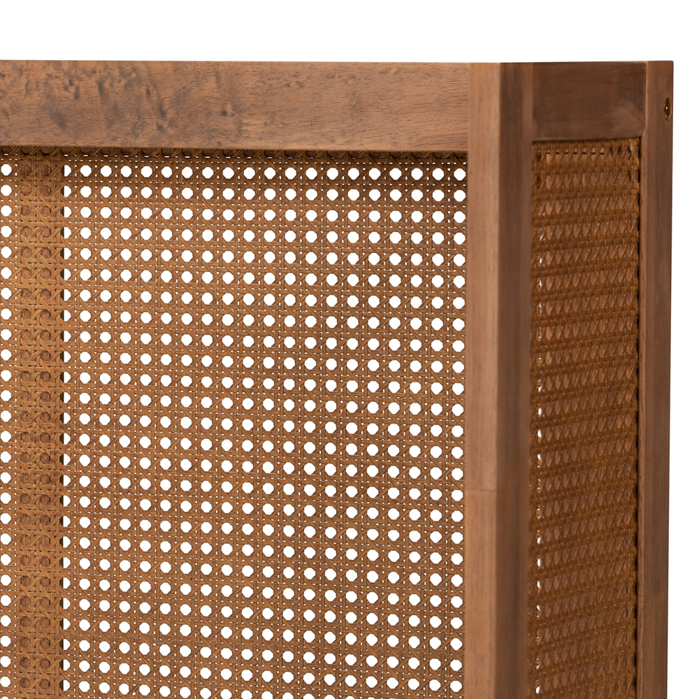 Rina Mid-Century Modern Ash Wanut Finished Wood and Synthetic Rattan King Size Wrap-Around Headboard