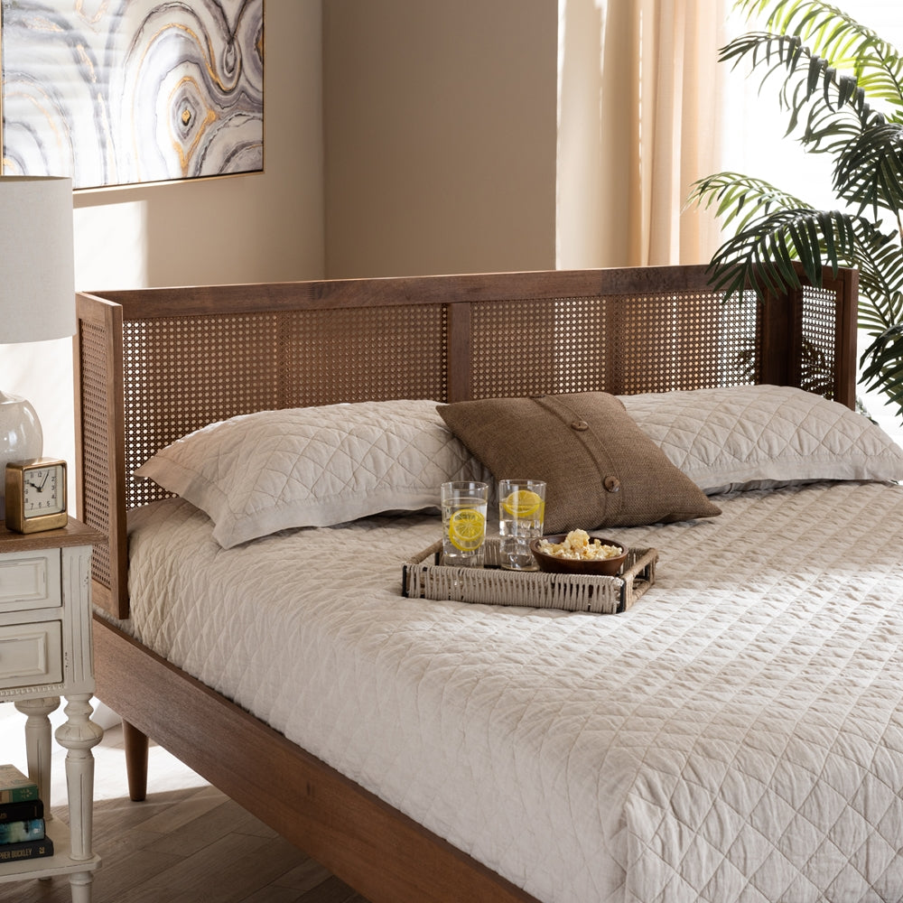 Rina Mid-Century Modern Ash Wanut Finished Wood and Synthetic Rattan Queen Size Wrap-Around Headboard