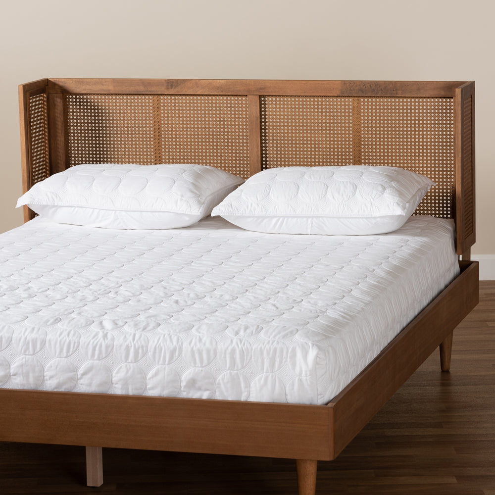 Rina Mid-Century Modern Ash Wanut Finished Wood and Synthetic Rattan King Size Wrap-Around Headboard