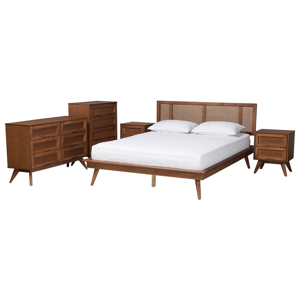 Nura Walnut Brown Finished Wood And Rattan Full Size 5-Piece Bedroom Set