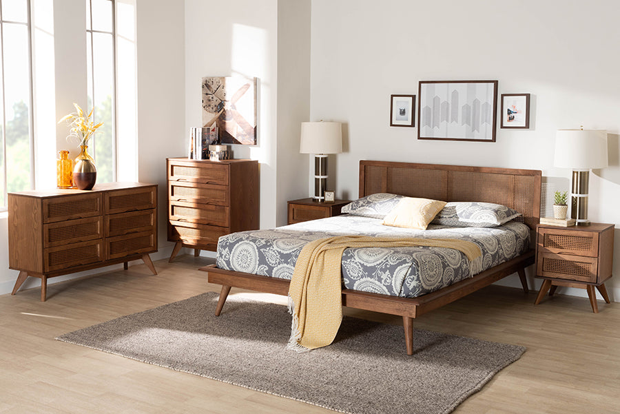 Nura Walnut Brown Finished Wood And Rattan Full Size 5-Piece Bedroom Set