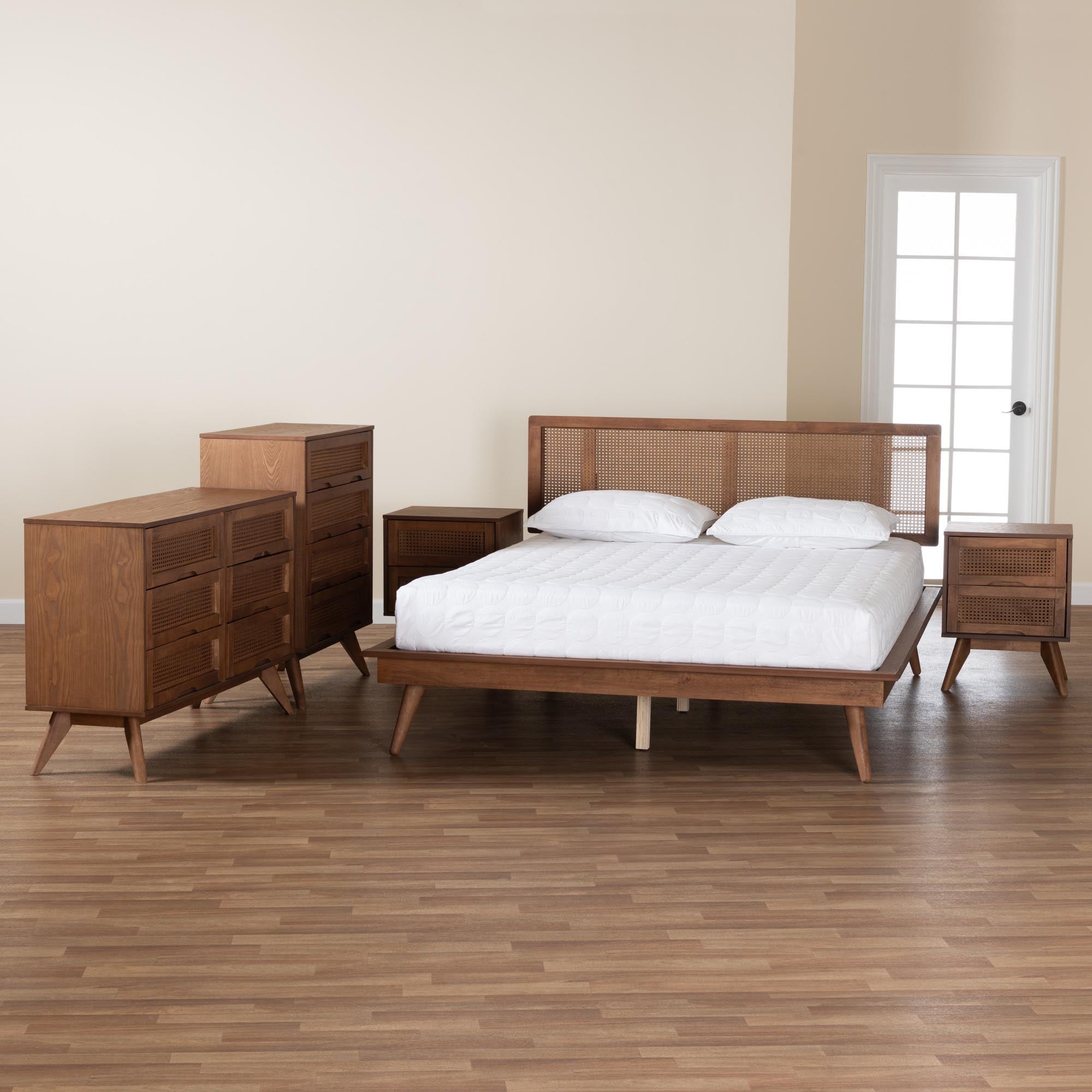 Nura Walnut Brown Finished Wood And Rattan Full Size 5-Piece Bedroom Set