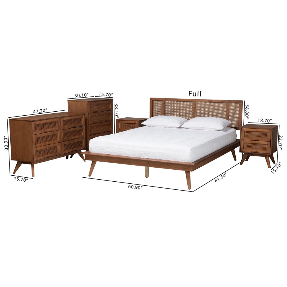 Nura Walnut Brown Finished Wood And Rattan Full Size 5-Piece Bedroom Set