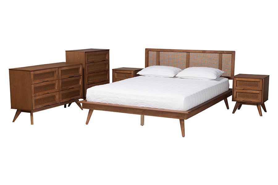 Nura Walnut Brown Finished Wood And Rattan Queen Size 5-Piece Bedroom Set