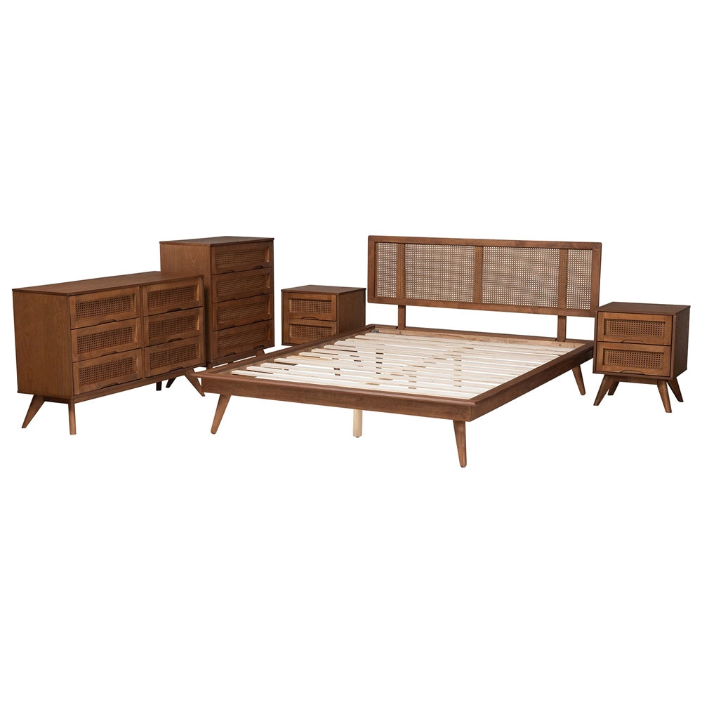 Nura Walnut Brown Finished Wood And Rattan Full Size 5-Piece Bedroom Set