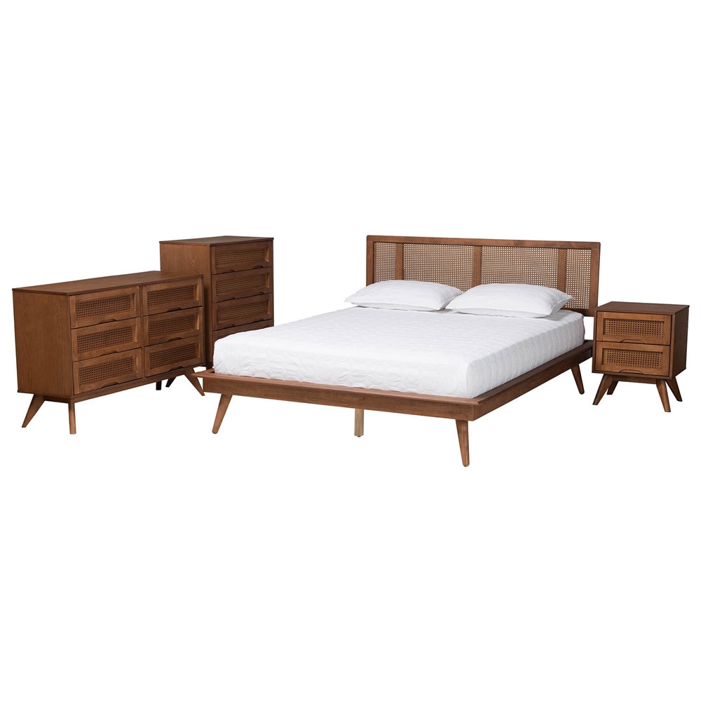 Nura Walnut Brown Finished Wood And Rattan Full Size 4-Piece Bedroom Set