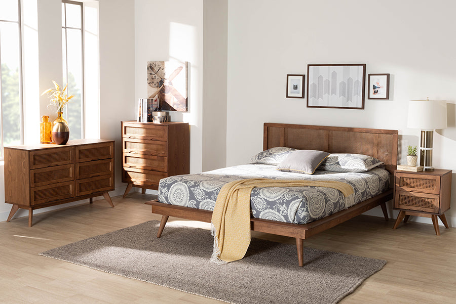 Nura Walnut Brown Finished Wood And Rattan Full Size 4-Piece Bedroom Set