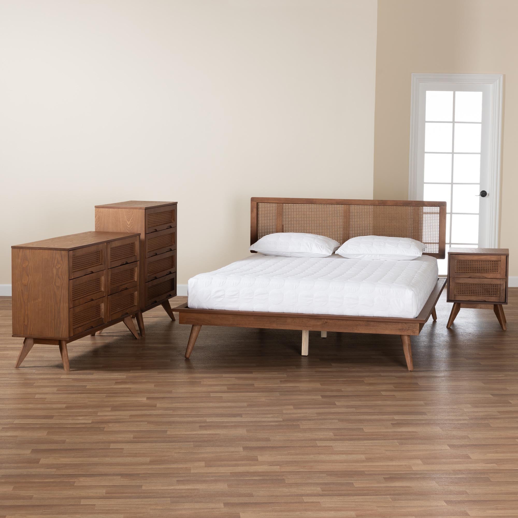 Nura Walnut Brown Finished Wood And Rattan Full Size 4-Piece Bedroom Set