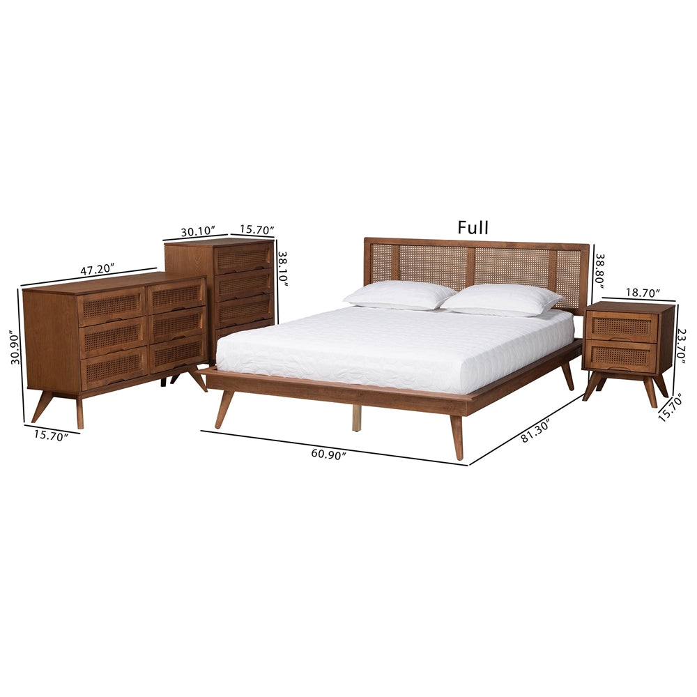 Nura Walnut Brown Finished Wood And Rattan Full Size 4-Piece Bedroom Set