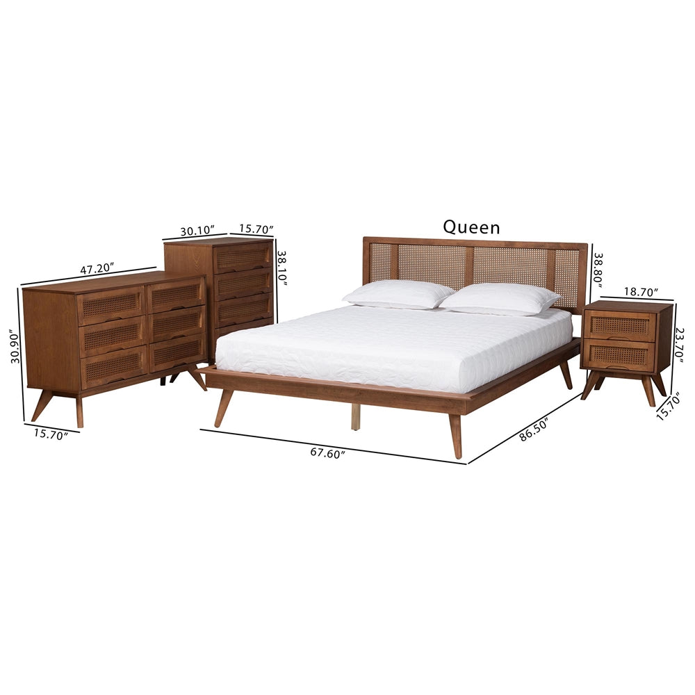 Nura Walnut Brown Finished Wood And Rattan Queen Size 4-Piece Bedroom Set