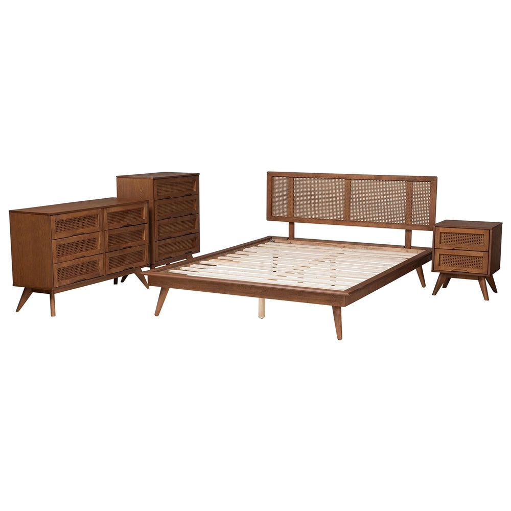 Nura Walnut Brown Finished Wood And Rattan Full Size 4-Piece Bedroom Set