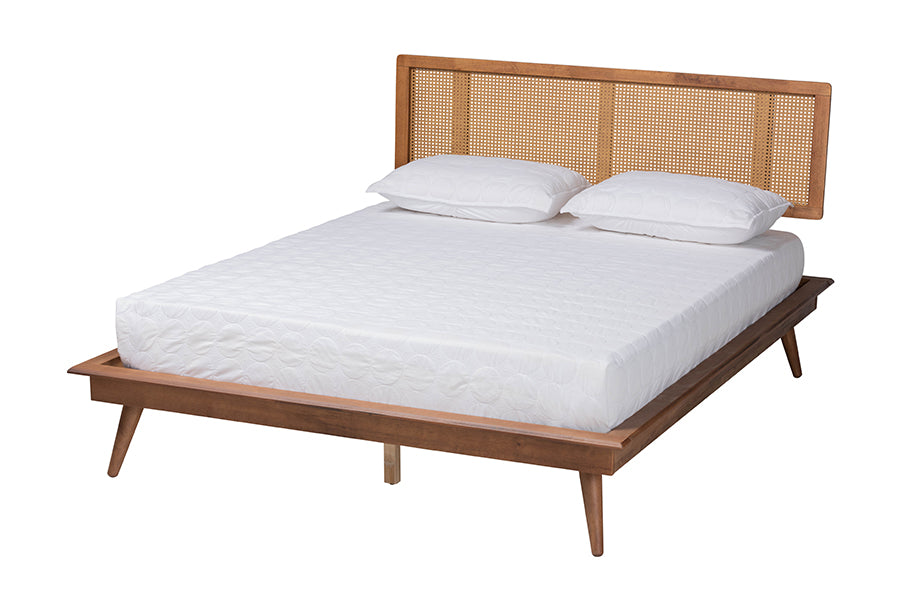 Nura Walnut Brown Finished Wood And Rattan Full Size 4-Piece Bedroom Set