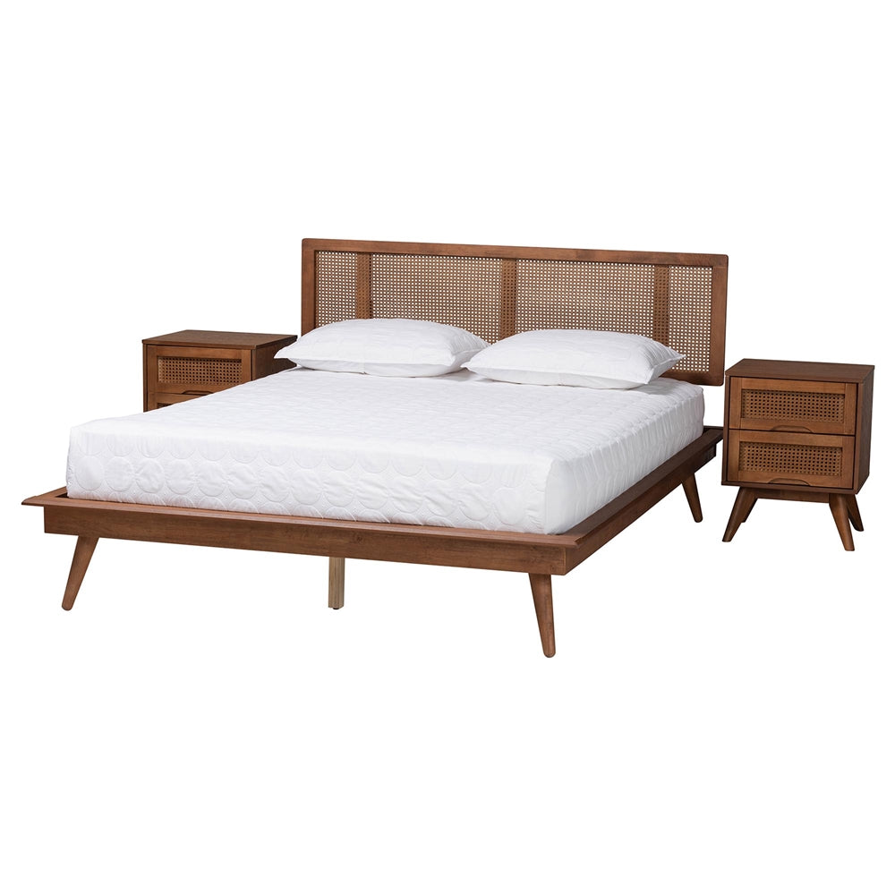 Nura Modern Walnut Brown Finished Wood And Rattan Full Size 3-Piece Bedroom Set