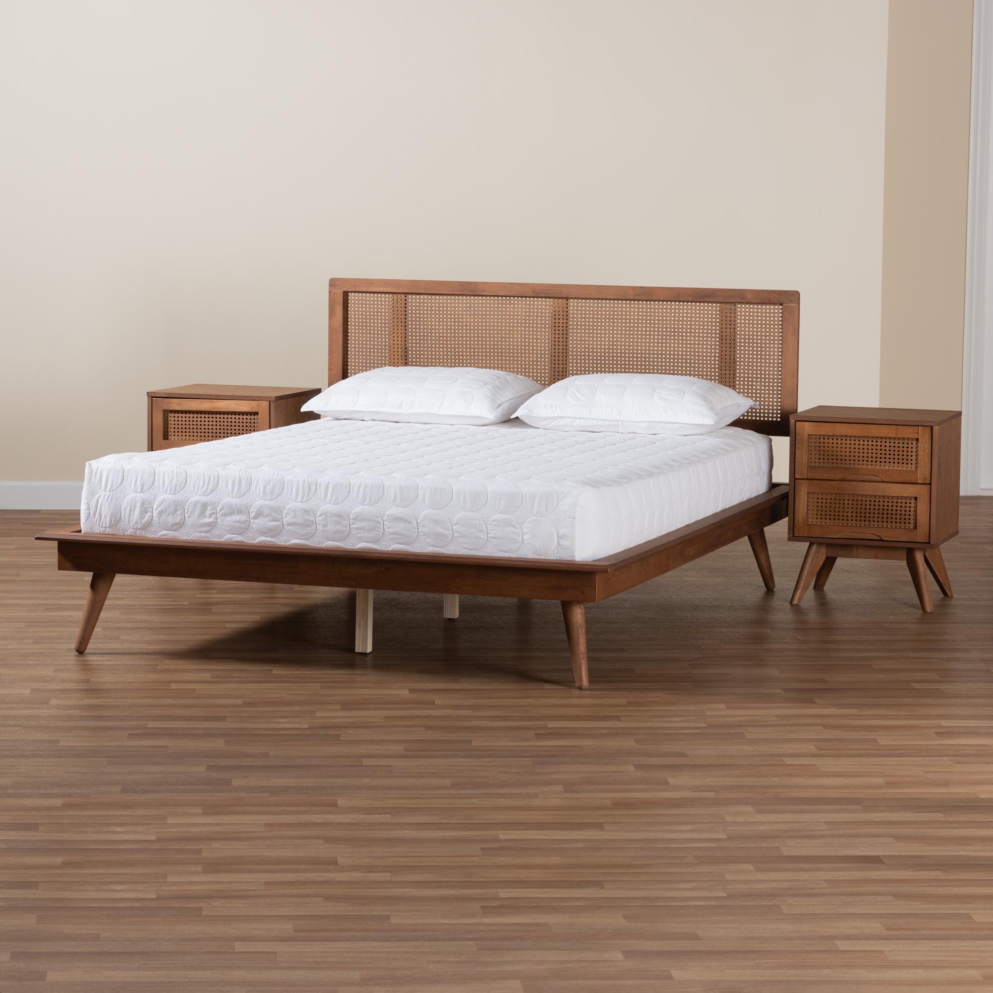 Nura Modern Walnut Brown Finished Wood And Rattan Full Size 3-Piece Bedroom Set