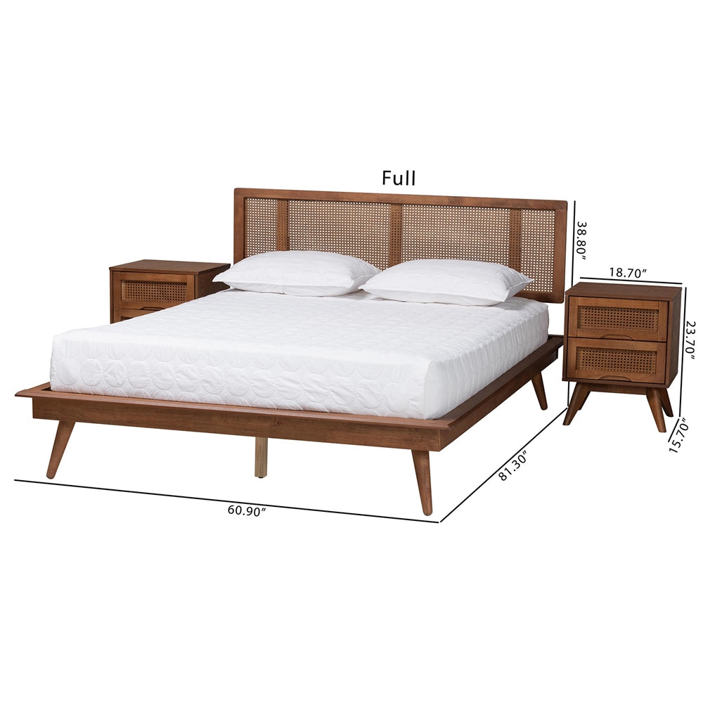 Nura Modern Walnut Brown Finished Wood And Rattan Full Size 3-Piece Bedroom Set