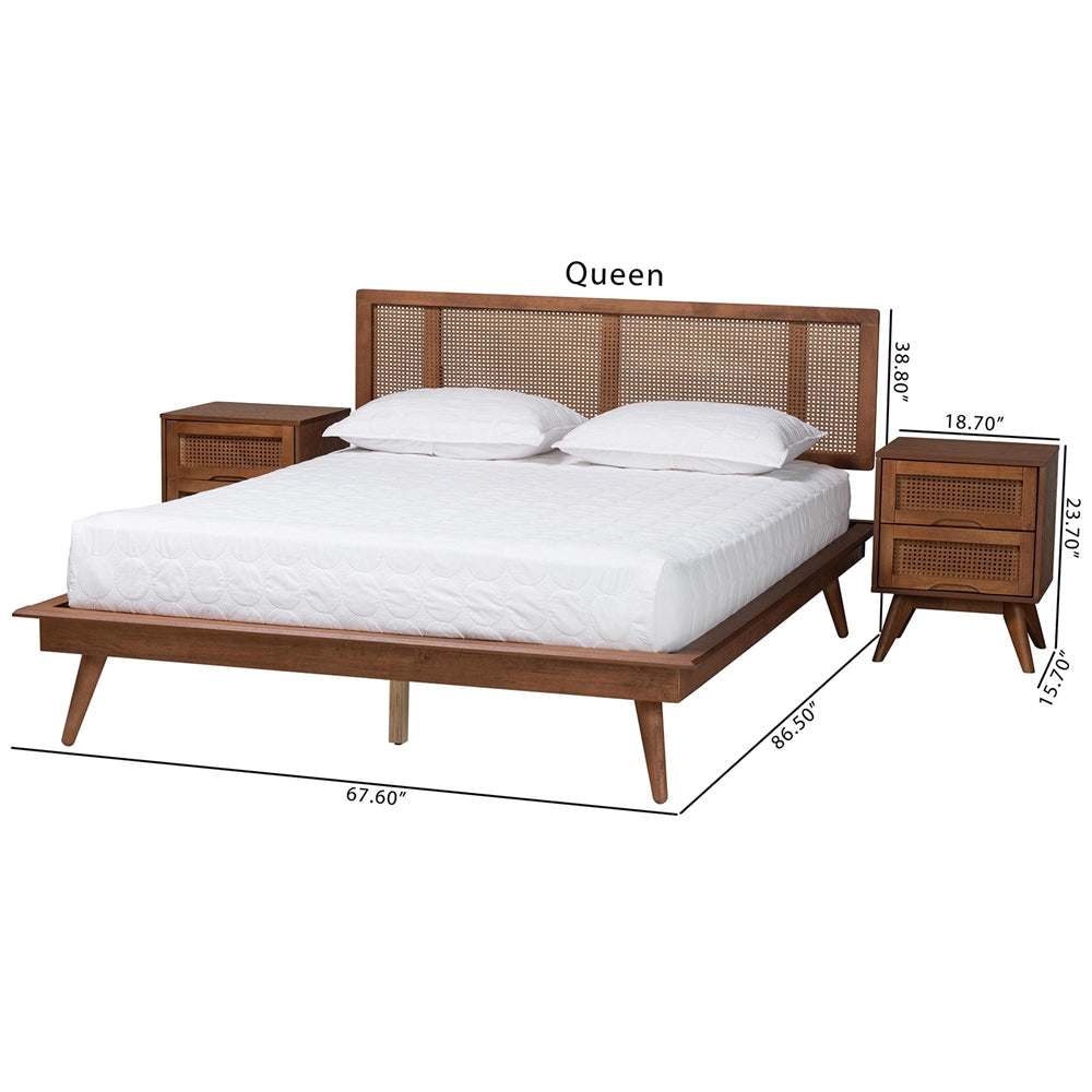 Nura Walnut Brown Finished Wood And Rattan Queen Size 3-Piece Bedroom Set