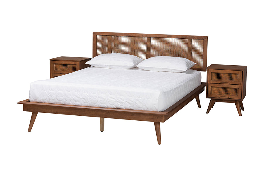 Nura Walnut Brown Finished Wood And Rattan Queen Size 3-Piece Bedroom Set