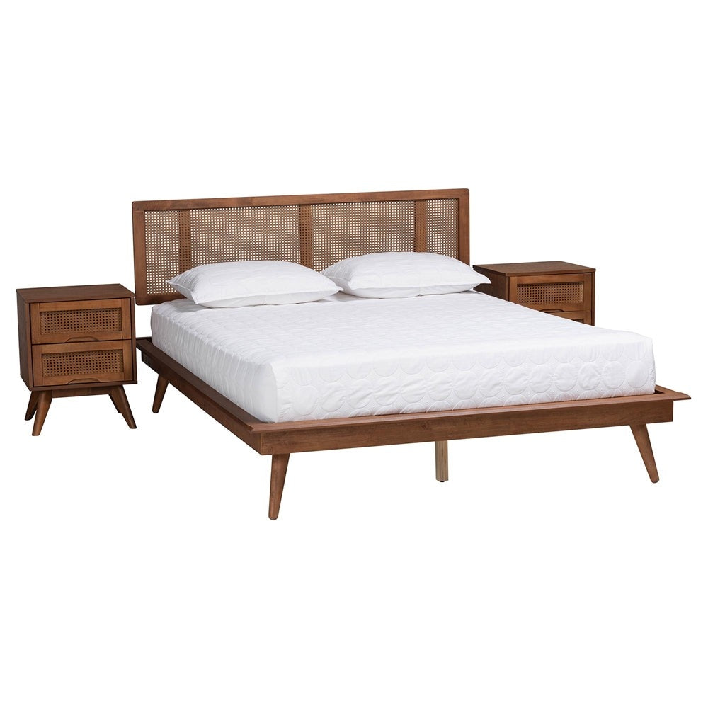 Nura Walnut Brown Finished Wood And Rattan Queen Size 3-Piece Bedroom Set