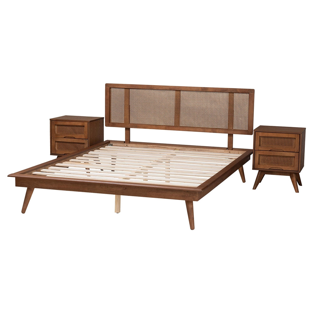 Nura Modern Walnut Brown Finished Wood And Rattan Full Size 3-Piece Bedroom Set