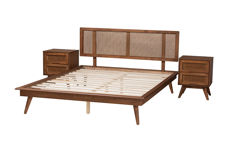 Nura Walnut Brown Finished Wood And Rattan Queen Size 3-Piece Bedroom Set