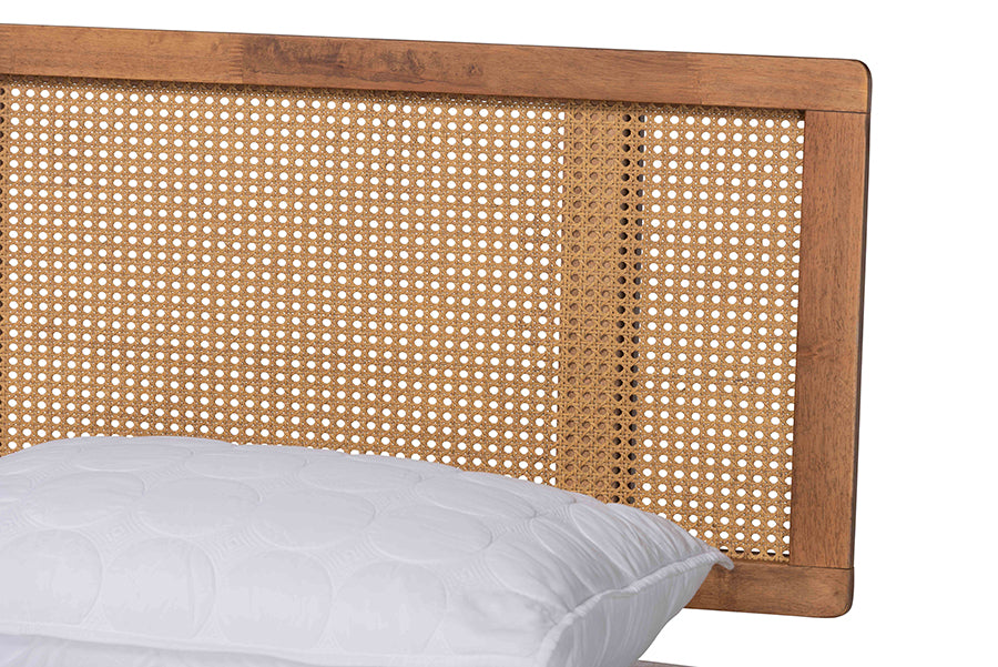 Nura Walnut Brown Finished Wood And Rattan Queen Size 3-Piece Bedroom Set