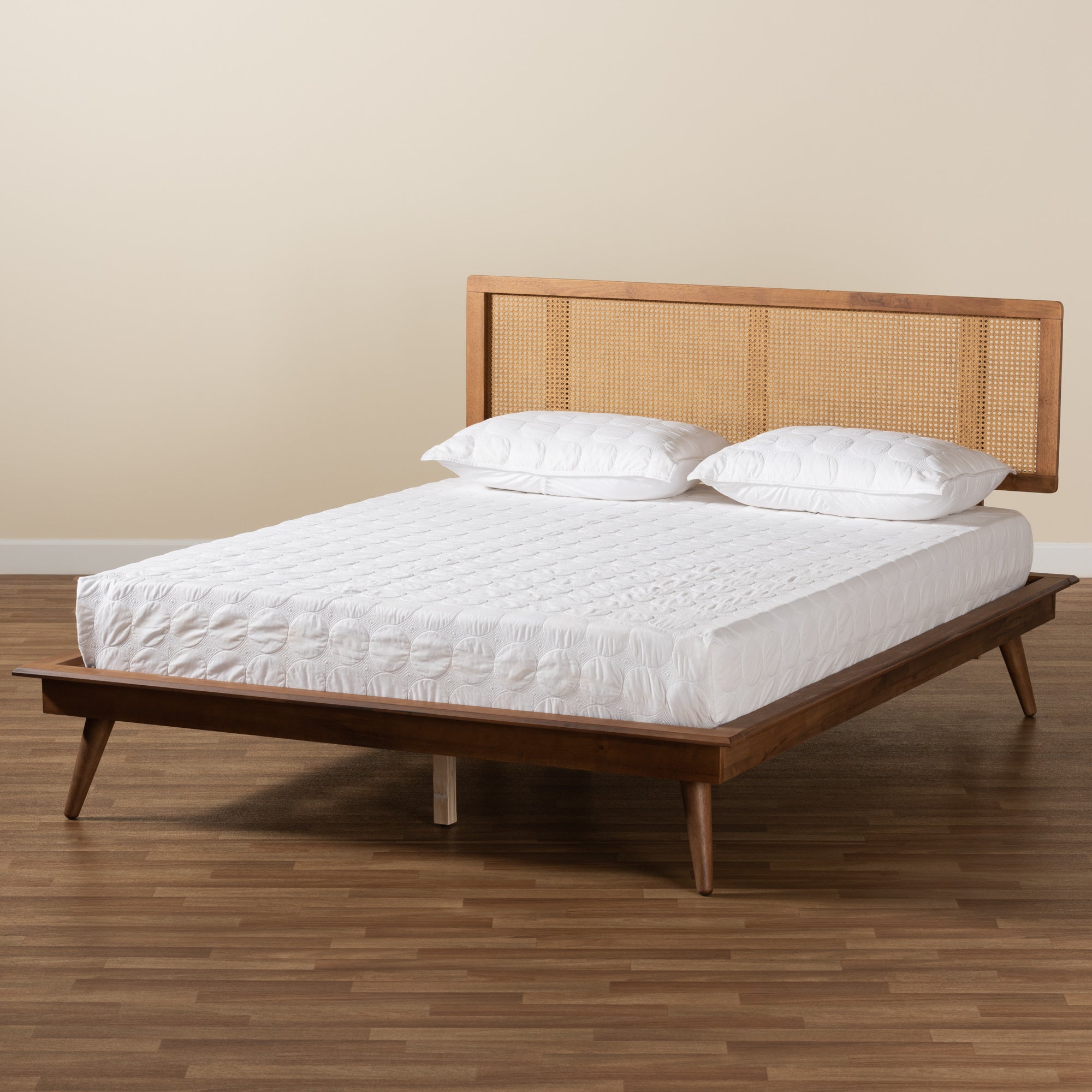 Nura Walnut Brown Finished Wood and Synthetic Rattan Queen Size Platform Bed