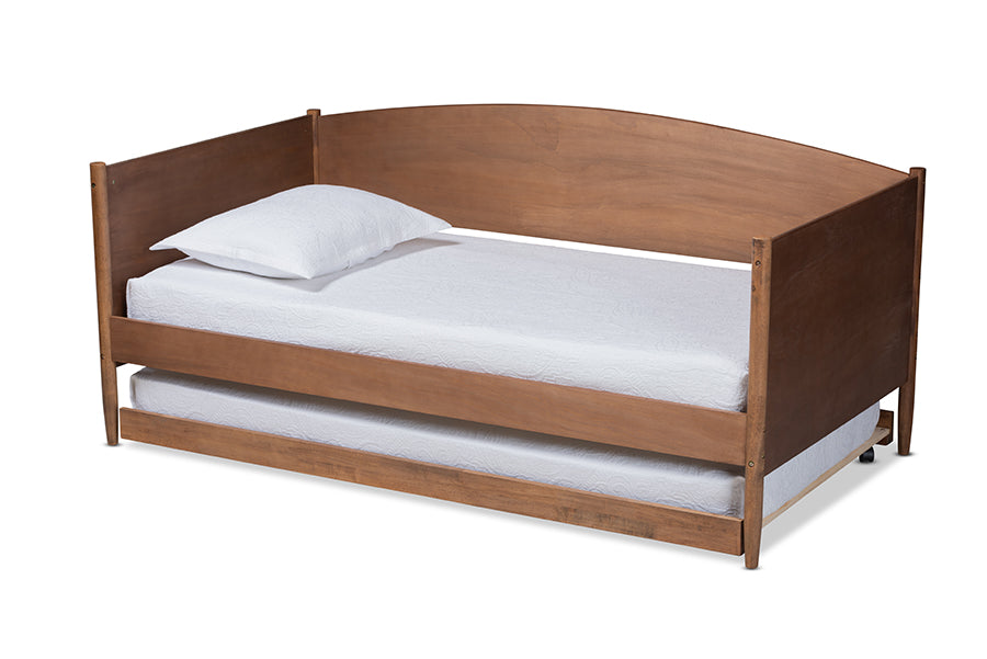 Veles Mid-Century Modern Ash Wanut Finished Wood Daybed with Trundle