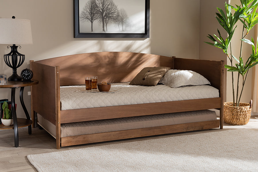 Veles Mid-Century Modern Ash Wanut Finished Wood Daybed with Trundle