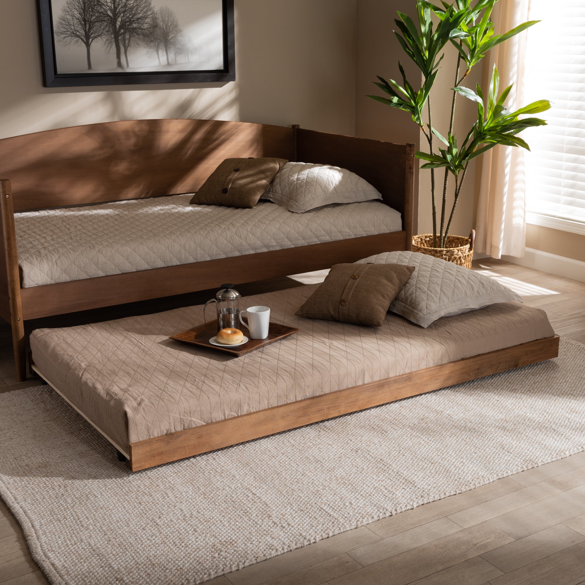 Veles Modern and Contemporary Ash Walnut Finished Twin Size Trundle Bed