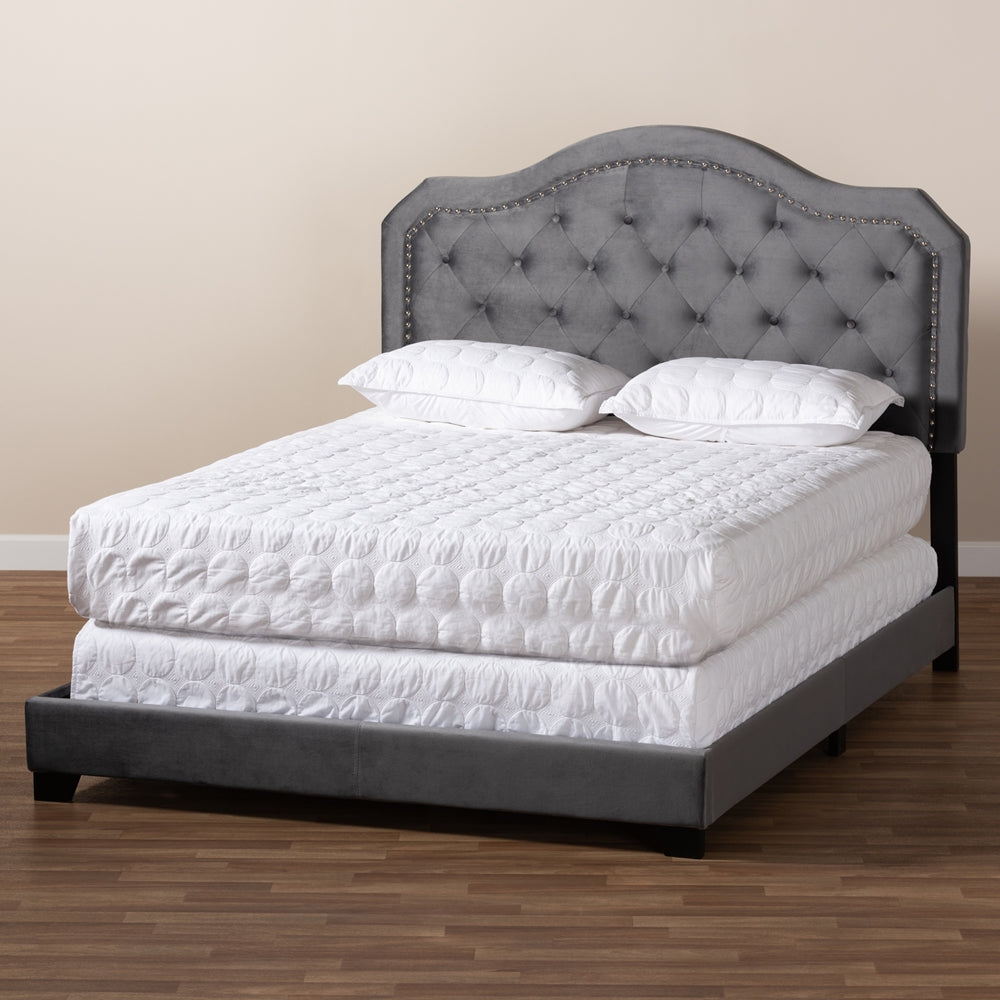 Samantha Grey Velvet Fabric Upholstered Queen Size Button Tufted Bed