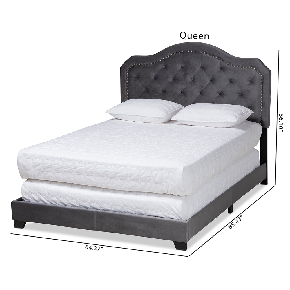 Samantha Grey Velvet Fabric Upholstered Queen Size Button Tufted Bed