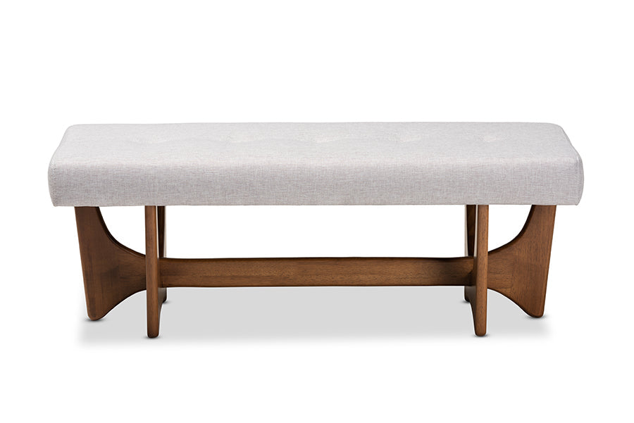 Theo Mid-Century Modern Greyish Beige Fabric Upholstered Walnut Finished Bench