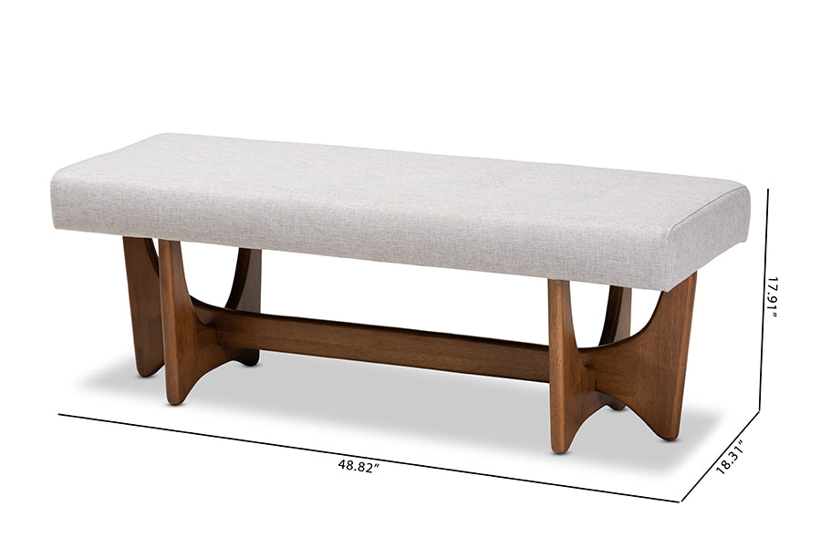Theo Mid-Century Modern Greyish Beige Fabric Upholstered Walnut Finished Bench