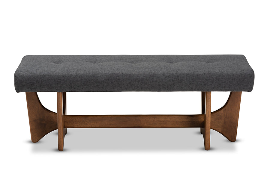 Theo Mid-Century Modern Dark Grey Fabric Upholstered Walnut Finished Bench