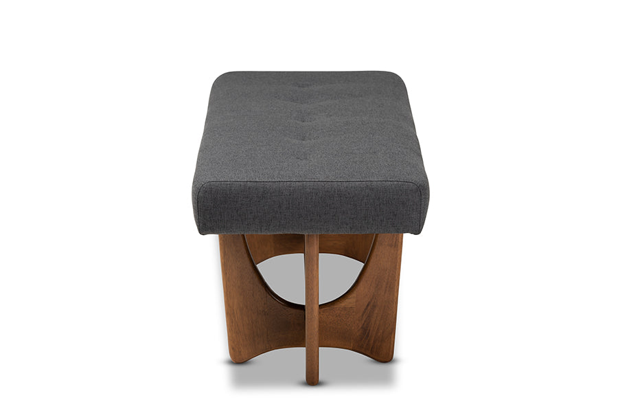 Theo Mid-Century Modern Dark Grey Fabric Upholstered Walnut Finished Bench