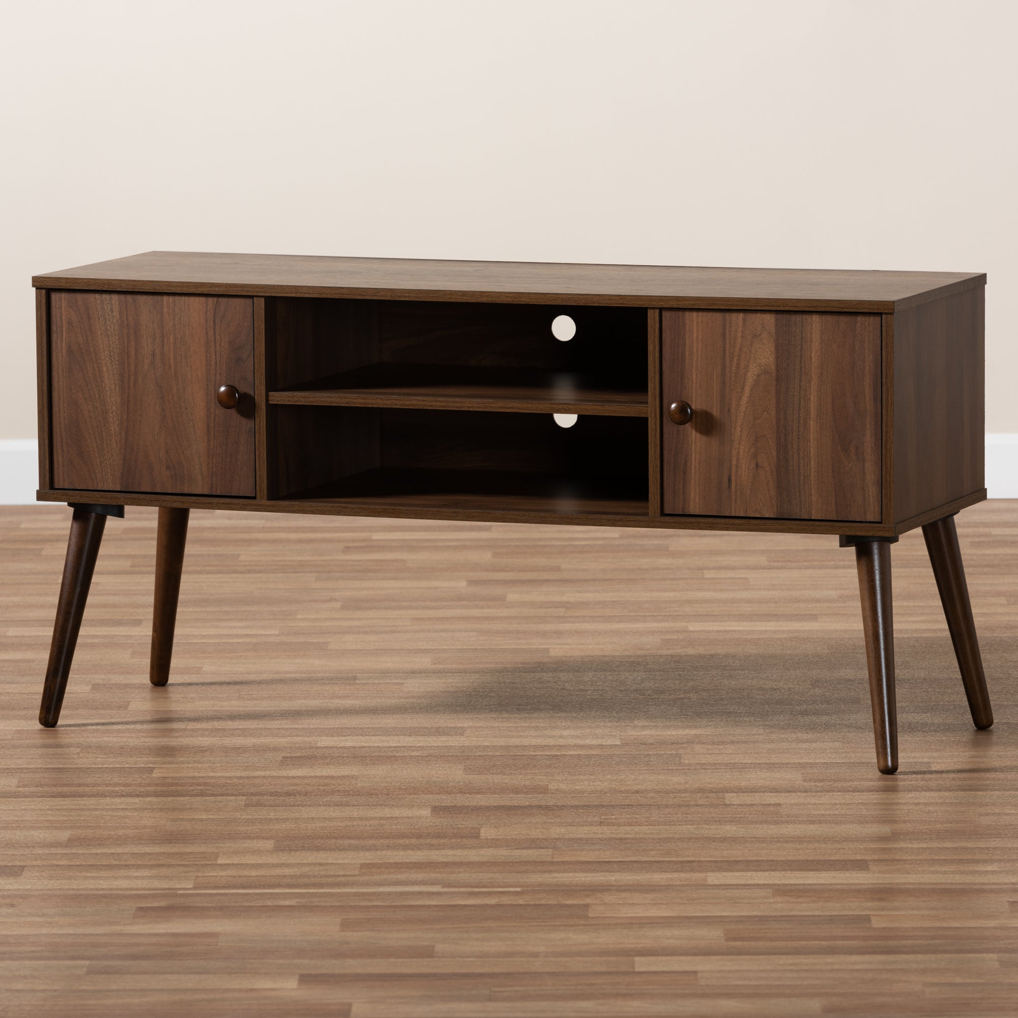 Alard Mid-Century Modern Walnut Brown Finished 2-Door Wood TV Stand