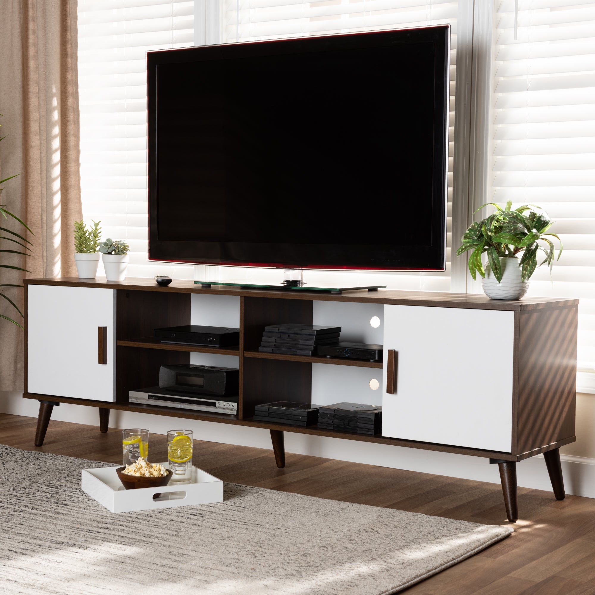 Quinn Mid-Century Modern Two-Tone White and Walnut Finished 2-Door Wood TV Stand